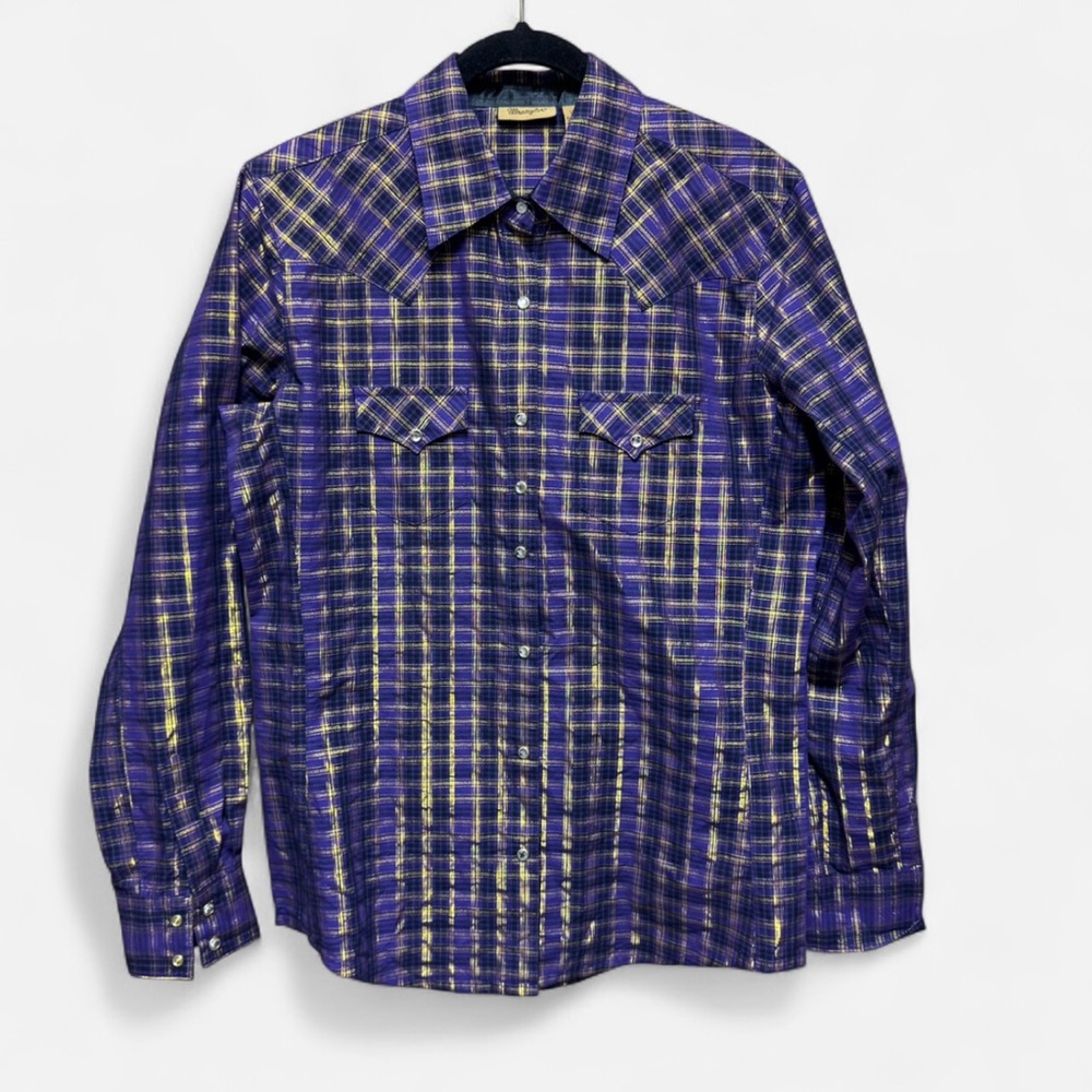 Wrangler Purple, Black and Gold Plaid Snap Button Western Shirt